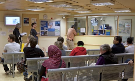 Patients in a waiting room at the Royal Free hospital in Hampstead, north London.