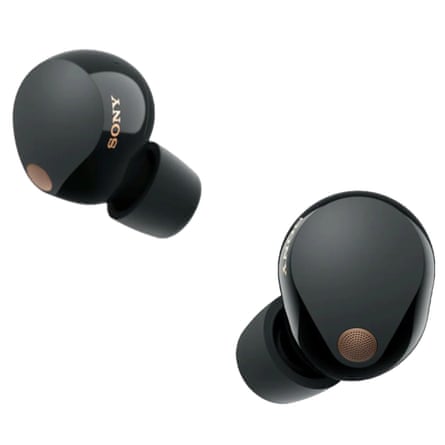 A pair of black Sony WF-1000XM5 Earbuds