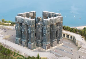 Tbilisi, Georgia. A monument consisting of 16 oblong bronze pillars of between 30 metres and 35 metres overlooking the sea