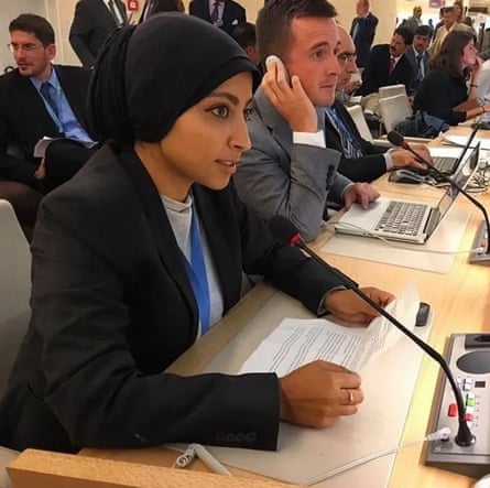 Maryam al-Khawaja delivers remarks at the Human Rights Council in Geneva.