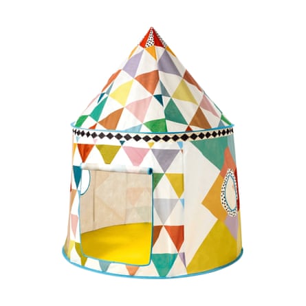 A conical multicoloured play tent with triangle patterns, a window, and a door