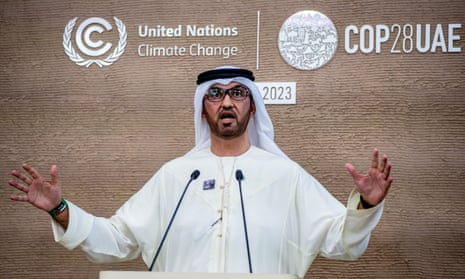 COP28 President Sultan Ahmed Al Jaber speaks to journalists during the 2023 United Nations Climate Change Conference in Dubai, UAE, 10 December 2023.