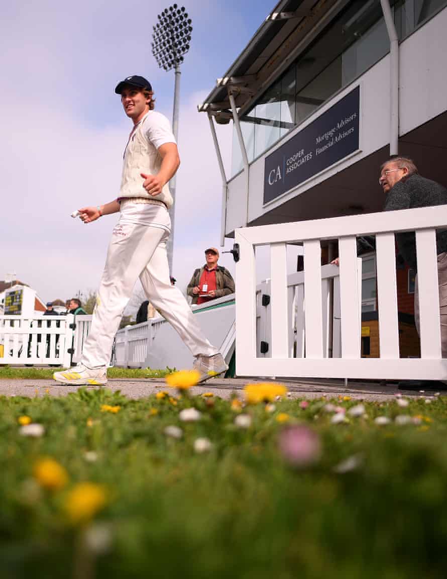 Tom Lammonby of Somerset makes his way out for the start of the second day’s play against Essex at the Cooper Associates County Ground in Taunton.