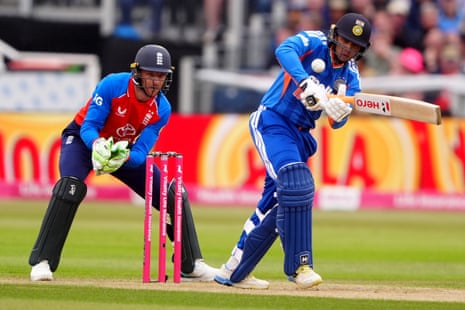 Abhishek Sharma hits a shot.