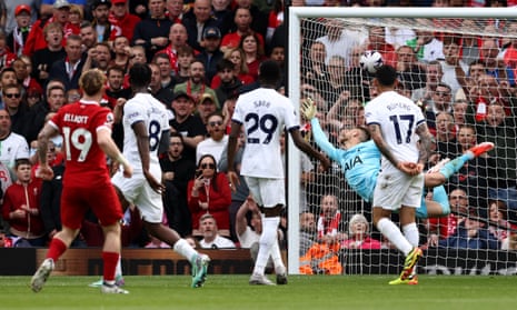 Liverpool's Harvey Elliott scores the team's fourth goal past Guglielmo Vicario.