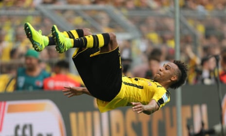 Pierre-Emerick Aubameyang celebrates his second goal with a backflip