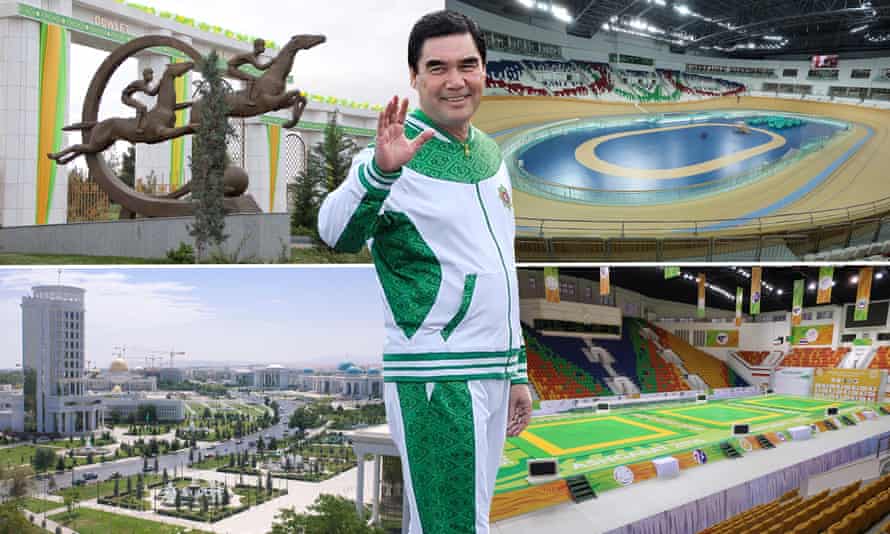 A composite of Ashgabat venues for the 5th Asian Indoor and Martial Arts Games, with Turkmen president Gurbanguly Berdymukhamedov.