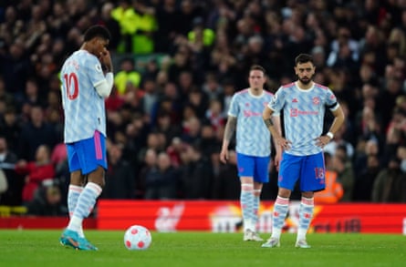 Bruno Fernandes and his Manchester United teammates look dejected after Mohamed Salah scored the second goal in Liverpool’s 4-0 win at Anfield.