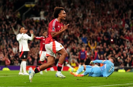 Manchester United’s Joshua Zirkzee celebrates scoring their first and only goal of the game during the Premier League match with Fulham at Old Trafford