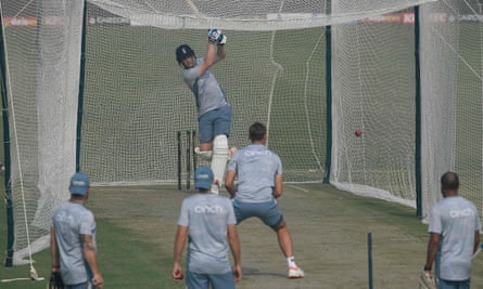 England's Harry Brook strikes out during a second Test net session against Pakistan.