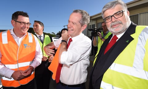 Victorian premier Daniel Andrews, Labor leader Bill Shorten and Kim Carr in 2016