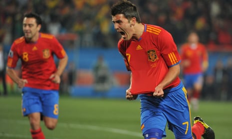 Spain's David Villa (right) celebrates after scoring the opening goal against Honduras at the 2010 World Cup.
