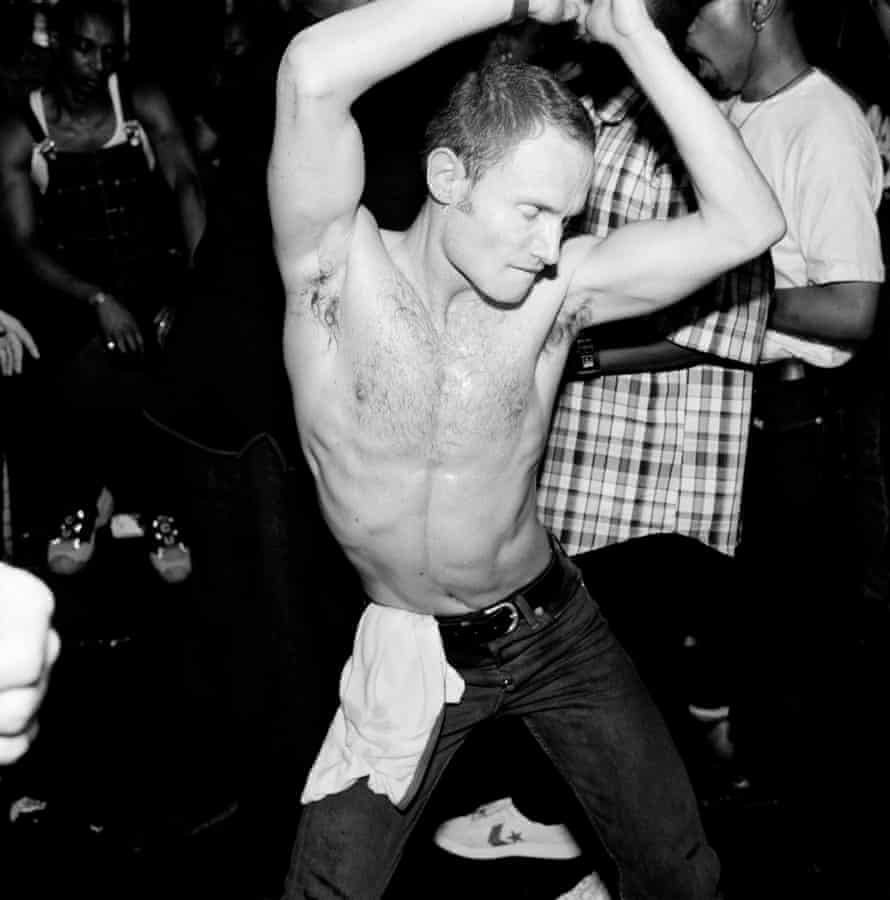 topless guy dancing at queer nation, substation south, brixton, 1998.