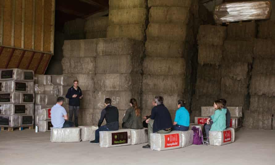 A group from Innovative Farmers listen to a talk at a hemp facility in east Yorkshire