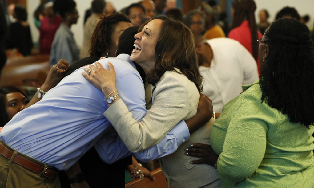 Kamala Harris meets people before a church service last year in Des Moines, Iowa.