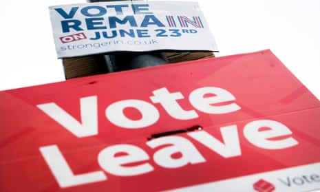 Remain and leave signs on a lamp-post in Leeds in the run-up to the EU referendum.
