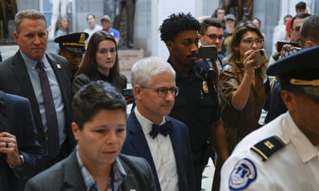 The speaker pro tempore (‘for the time being’), congressman Patrick McHenry (in bow tie), in the Capitol last Wednesday.