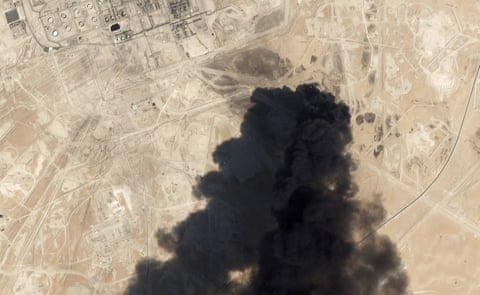 Thick black smoke billows from the Abqaiq oil processing facility in Saudi Arabia on Saturday.