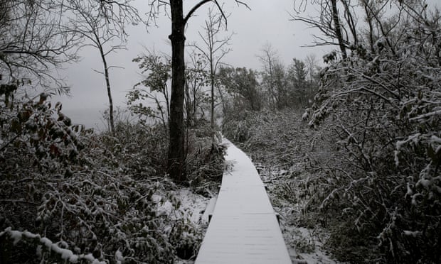 Snow covers a path in Kingston, New York, as the first wintry weather arrives in the US