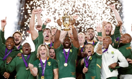 South Africa celebrate with the Webb Ellis Cup. ‘Having the 2031 World Cup would be really exciting,’ said the RFU chair, Tom Ilube.