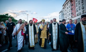 Priests take part in a protest against a controversial law requiring religious institutions to prove ownership of their properties in front of the Cathedral of the Resurrection of Christ on 14 June, 2020 in Podgorica, Montenegro after coronavirus measures were eased.