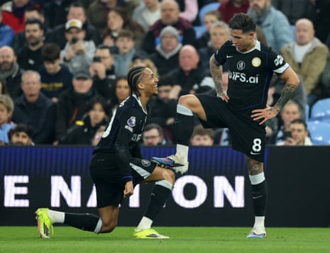 Chelsea's Joao Pedro (left) celebrates scoring their second goal with Enzo Fernandez.