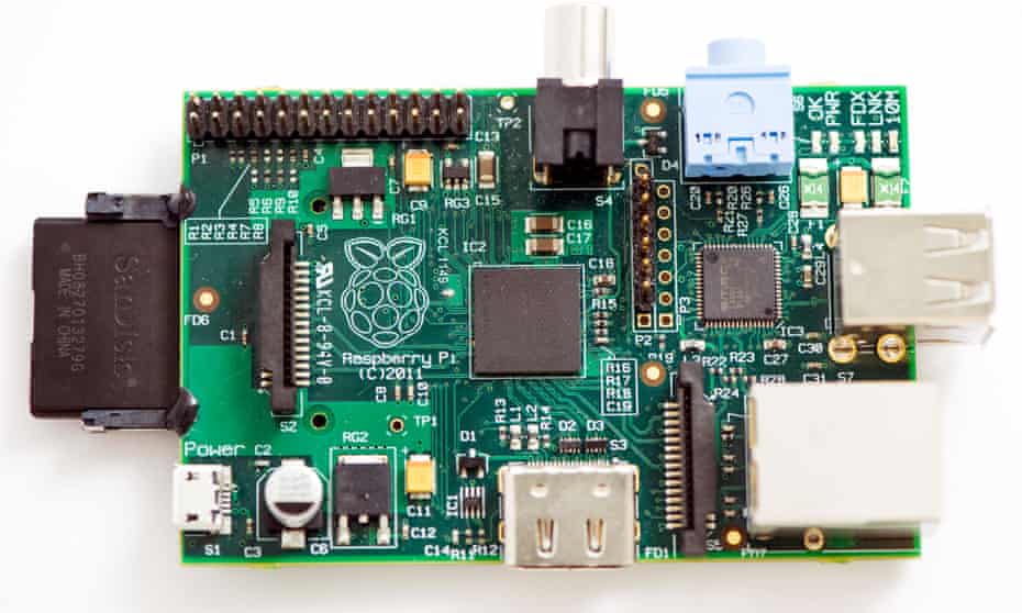 The Raspberry Pi computer, a series of circuits and USB sockets