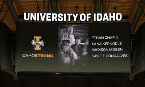 A photo and the names of four University of Idaho students who were killed near campus are displayed during a moment of silence, on 16 November, before an NCAA college basketball game in Moscow, Idaho.