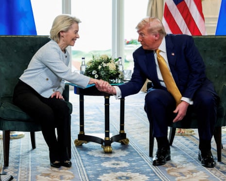 US president Donald Trump shakes hands with European Commission president Ursula von der Leyen, in Turnberry, Scotland, Britain.
