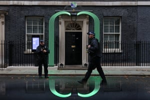 A green LED arch installed at No 10 Downing Street to mark the start of Cop26