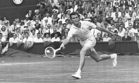Budge Patty in action against Australia's Frank Sedgman on his way to winning the men's singles final at Wimbledon in 1950.