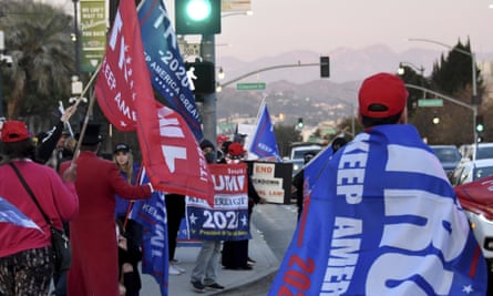 Protesters at a pro-Trump rally in Beverly Hills. Three of the 14 California residents charged in connection with the US Capitol attack are from the wealthy Los Angeles county enclave.