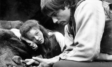 Anna Calder Marshall as Catherine Earnshaw and Timothy Dalton as Heathcliff in a 1970 film adaptation of Wuthering Heights.