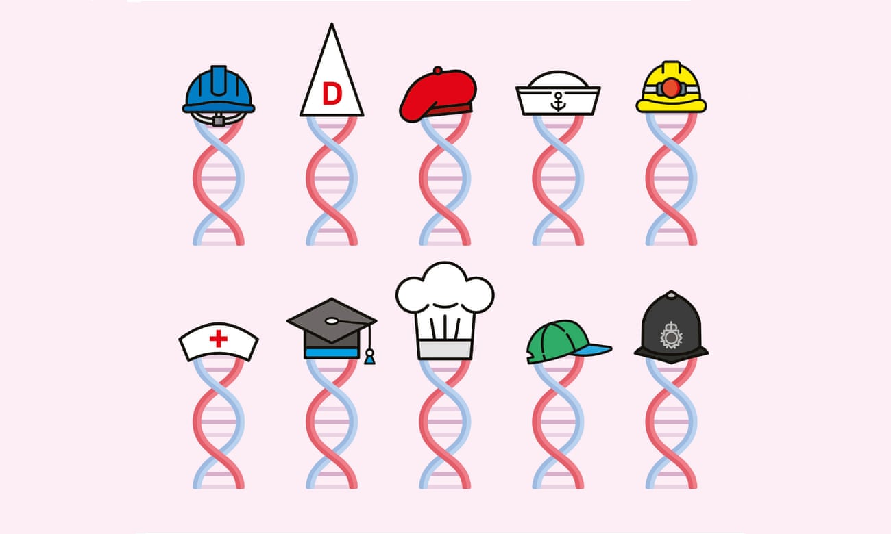 illustration of dna strands wearing different hats to denote professions and walks of life