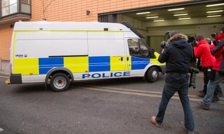 A police van said to be carrying Nathan Matthews arrives at Bristol magistrates’ court