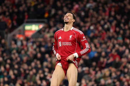 Hugo Ekitiké of Liverpool pulls his shorts up in frustration after scoring a goal which was later ruled out for offside.
