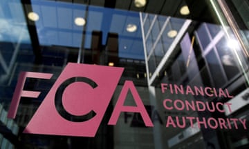 Financial Conduct Authority signage is seen at the regulator's head offices in London: pink lettering on dark glass doors