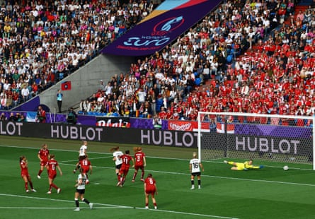 Klara Buhl (not pictured) scores past Denmark’s Maja Bay Østergaard, only to see her effort ruled out for offside