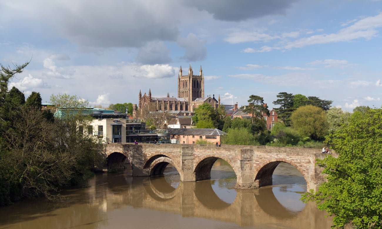 The Old Wye Bridge over the river Wye with Hereford Cathedral