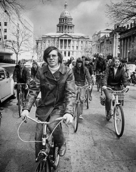 Peter Cohen of the University of Colorado leads 260 cyclists on a ‘Bike hike’ as part of Earth Day, 22 April 1970,