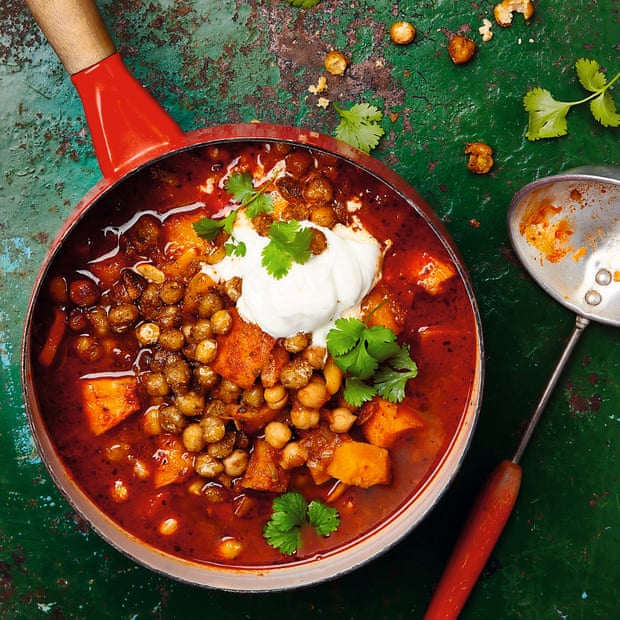 Fancy, not pricey: Yotam Ottolenghi’s roasted pumpkin soup with harissa and crisp chickpeas.