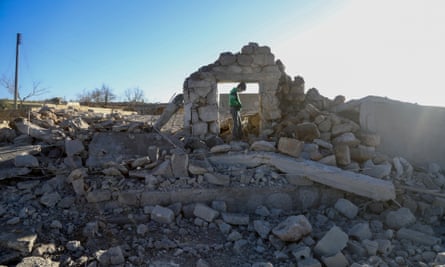 Rubble in the Syrian city of Idlib after a Russian airstrike in December 2023