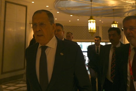 Russian Foreign Minister Sergei Lavrov arrives at a hotel in New Delhi.