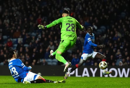 Mohammed Diomandé prepares to score Rangers’ winner against Livingston from Bojan Miovski’s assist