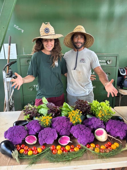 A man and a woman in straw hats hold their hands wide in front of a table stacked with colorful fruits and vegetablesd