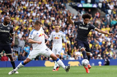 Kevin Schade scores with the outside of his boot for Brentford