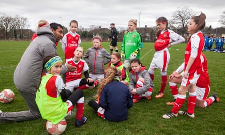 The Arsenal coach Rupen Shah, here addressing the team at half-time, says: ‘You really see the benefits. I asked the girls recently what they thought and they unanimously said they would prefer to play in a boys league.’