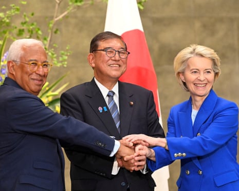 European Commission president Ursula von der Leyen shake hands with Japanese prime minister Ishiba Shigeru prior to a meeting at Prime Minister Office, in Tokyo, Japan.