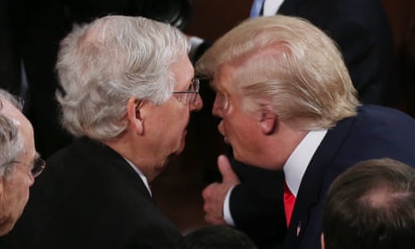 Donald Trump greets the Senate majority leader, Mitch McConnell, after delivering his State of the Union address in February.