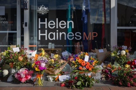 Flowers left outside Member for Indi Helen Haines’s electorate office